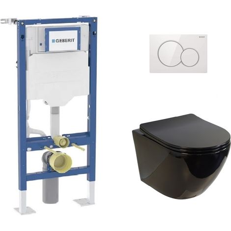 Pack Geberit UP320 + Cuvette sans bride KELOS Noir Brillant + Plaque Sigma Blanc