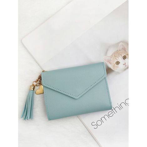 Portefeuille Slim Femme Design Minimaliste Décoré de Pompons, Fenêtre pour Carte d'Identité, Pliable pour Cartes de Crédit, Léger en Cuir, Cadeau Saint-Valentin pour Femmes (1/4)