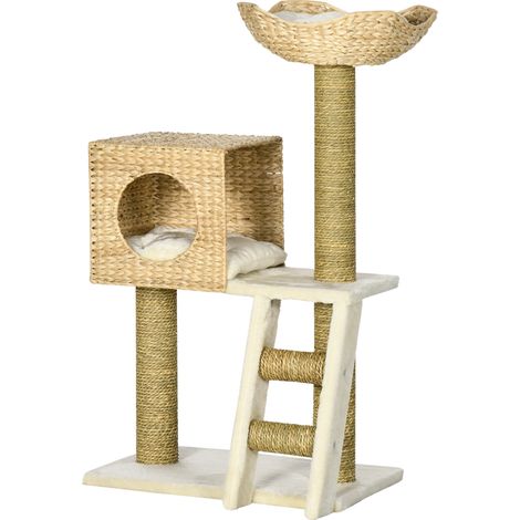 Arbre à chat avec niche poteaux griffoirs sisal coussins lavables blanc naturel 100,5x57x37cm