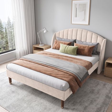 Lit adulte rembourrée 140x190 cm en velours, 2 places, avec tête de lit, sommier à lattes en bois, lit style minimaliste moderne - Beige (1/5)