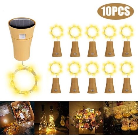 Ghirlanda luminosa a LED ad energia solare, lunga 1 metro, con 10 luci a forma di tappo, ideale per decorare bottiglie di vino, matrimoni e feste - luce bianca calda. (1/5)