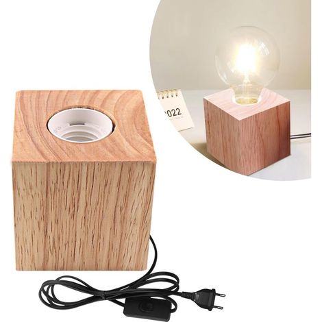 Lampe de Table Cube en Bois Lampe de Chevet E27 Parfaite pour Chambre Salon Bureau sans Ampoule 8 cm 3 mm (1/4)