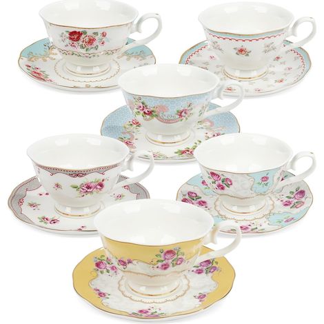Tasse à Café en Porcelaine Florale Colorée avec Soucoupe, Service de Tasses à Thé Anglaises pour 6 Personnes, Set de Thé Rose Vintage pour Femmes (1/5)