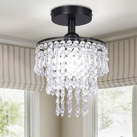 Mini lustre en cristal plafonnier encastré trois étapes gouttes de pluie lustre en cristal chambre couloir salon éclairage base E27 noir (1/5)