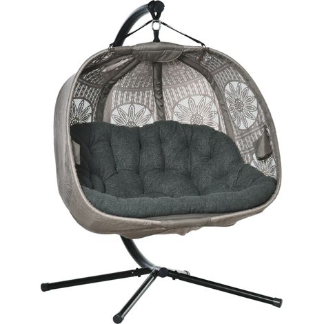 Silla colgante doble con soporte, plegable, cojín, tejido floral, acero (1/5)