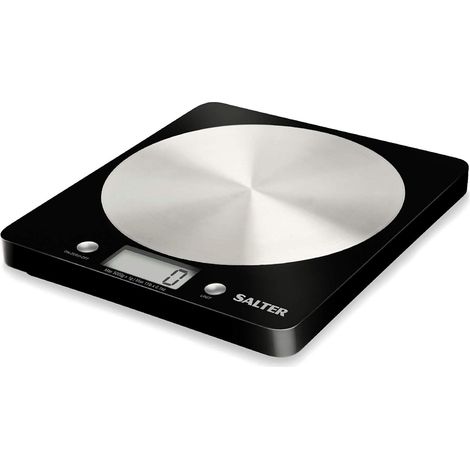 Salter 1036 BKSSDR - Bilancia elettronica a disco, vista in TV, design elegante e sottile, piattaforma in acciaio inox filato, aggiungi e pesa, liquidi e fluidi, capacità max di 5 Kg, Nero/cromato