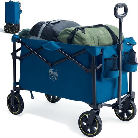 Chariot Camping Pliable 200L Poignée Réglable 150kg Chariot plage charge max.150kg, porte-gobelet intégré, poignée réglable et roues tout terrain pour camping, jardin et pêche (1/5)