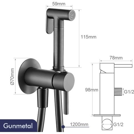 Kit de douchette WC chromée avec tuyau en caoutchouc de 1,2 cm, mitigeur eau chaude/eau froide mural, robinet de bidet et douchette à main. (1/5)
