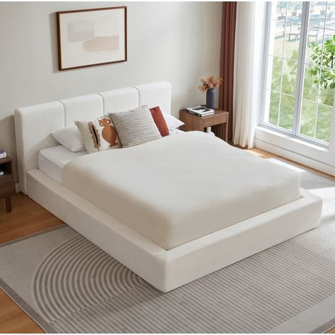 Cama matrimonial 160x200 cm con cabecero acolchado, estructura reforzada y fácil montaje, espuma - blanco (1/5)