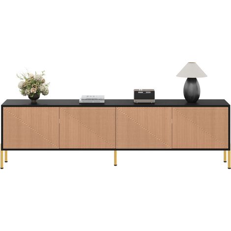 Meuble tv 180x40x50,5 cm, quatre portes rangement fermé meuble tv contemporain, structure noir et or, pieds métal doré, design sans (1/5)