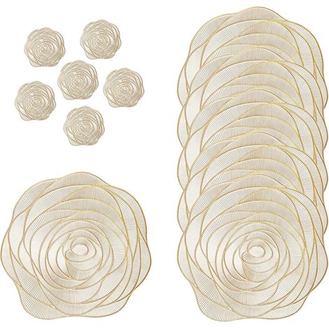 CSPARKV 12er-Set, 6 rutschfeste goldene PVC-Tischsets und 6 runde, waschbare Untersetzer, hochwertige Tischmatte, Rosenblumenmuster im europäischen Stil, hitzebeständig für den Küchentisch