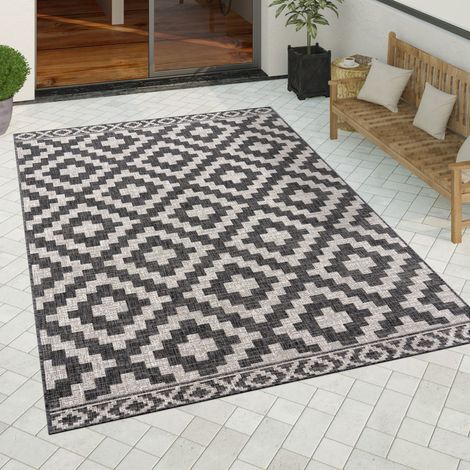 Paco Home Outdoor Teppich wetterfest Boho Skandi Motiv Rauten robust Balkon Terrasse Küche 160x220 cm, Anthrazit