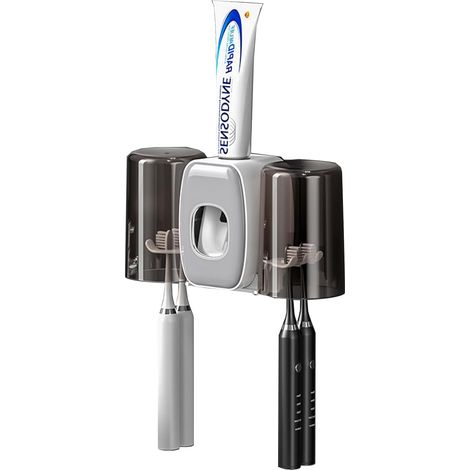 Soporte de pared para cepillos de dientes con dispensador automático de pasta dental, 4 ranuras + 2 vasos, no requiere taladrar (gris claro).
