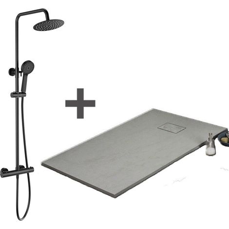 Pack Receveur de douche 90 x 180 cm extra plat gris + Colonne de douche thermostatique