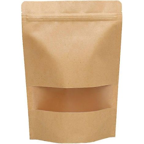 50 sachets d'emballage en papier kraft avec fenêtre, pour aliments, fruits secs, thé, cadeaux, fermeture à glissière et auto-scellants (18 x 26 cm)