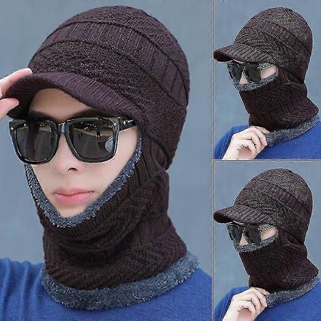 Tour de cou tricoté chaud pour homme, écharpe cagoule, bonnet, masque de ski, chapeau-Brown (1/2)