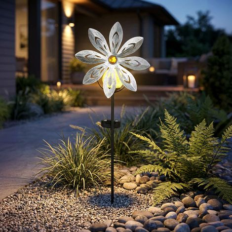 LED Solarlampe Windrad Gartendeko Terrassenlampe silber grau Außenlampe Erdspieß, Metall gelb, Bruchglas, warmweiß, LxH 20x50 cm