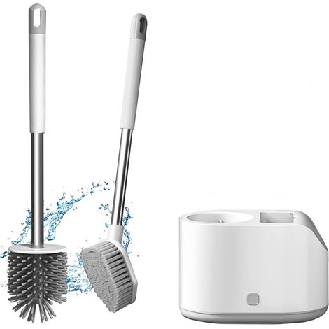 Set spazzolino per WC con supporto in silicone, spazzolino per la pulizia del bagno con manico lungo, bianco
