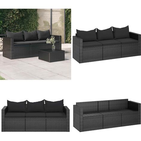 3-Sitzer-Gartensofa mit Kissen Schwarz Poly Rattan - 3-Sitzer Gartensofa - 3-Sitzer Gartensofas - Home & Living (1/5)