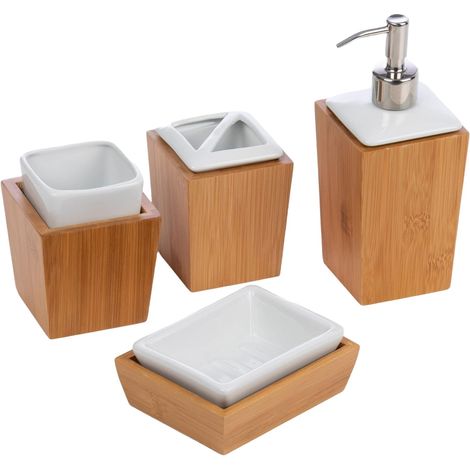 1 - Ensemble Salle De Bain - Bambou Et Porcelaine - Distributeur Savon Porte Brosse À Dents Gobelet Porte Savon - Design Moderne Pour Maison - Blanc - 4 Pièces
