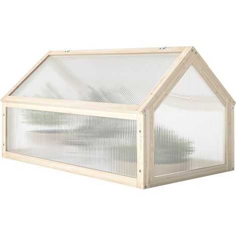 Mini-serre en bois, serre compacte avec panneaux polycarbonate, ouverture aération, 90 x 52 x 49,5 cm, teinte naturelle (1/5)