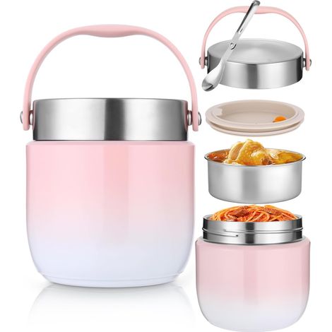 Boîte Repas Isotherme 1200ml,Thermos Alimentaire Chaud, Récipient Alimentaire Isotherme Anti-Fuites avec Cuillère, Thermos pour Déjeuner Garde au Chaud/Froid pour Bureau, École, Pique-nique, Rose