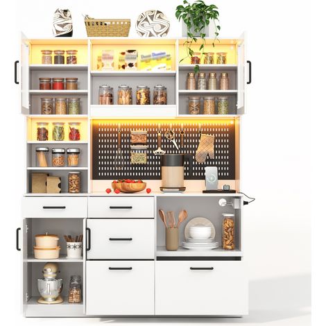 CHICFURN Mueble de cocina con encimera, LED RGB, enchufe y 5 cajones, armario aparador de 145 x 40 x 185 cm en blanco, MDF y vidrio templado (1/5)