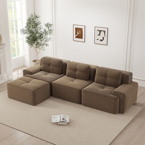 Canapé d'angle modulable Cloud en velours côtelé marron, 3 places avec pouf, sans structure ni montage, convertible pour salon, sofa d'angle flexible et moelleux (1/5)