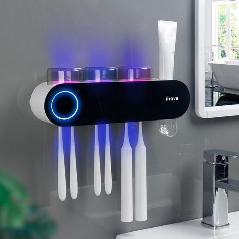 Support Brosse a Dent Electrique sans Perçage avec Stérilisateur UV et Distributeur de Dentifrice – Porte-Brosse à Dents Mural, Désinfection UV-C et UV-A pour Salle de Bain, avec 3 Gobelets (1/5)