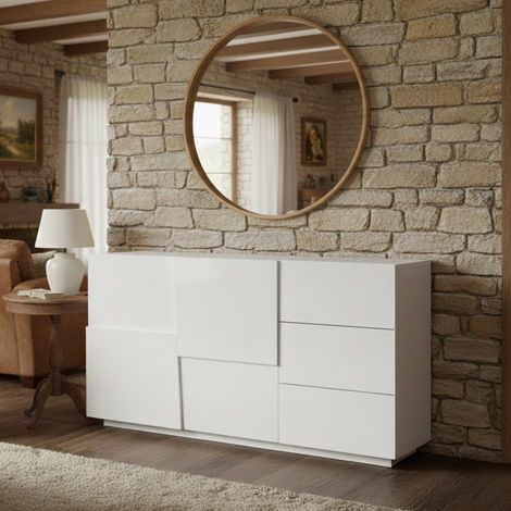 Dmora - Aparador Xavier, Buffet de salón, Aparador de salón con 2 puertas y 3 cajones, 180x44h86 cm, Blanco brillo, con embalaje reforzado (1/5)