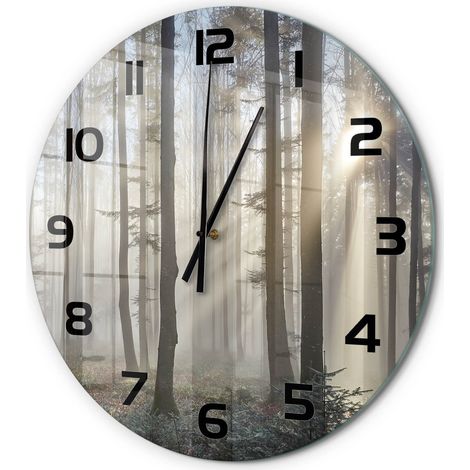 Horloge Murale Ronde Décoration Murale Verre Trempé Design Artistique Brouillard dans la forêt fi 60 cm (1/5)