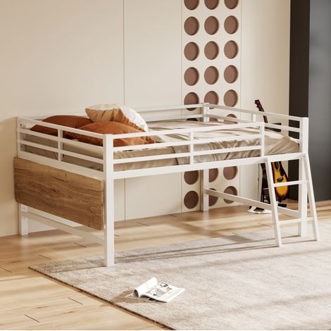 Cama de metal blanca 140x200 cm con escritorio plegable, escalera, barandillas y LED