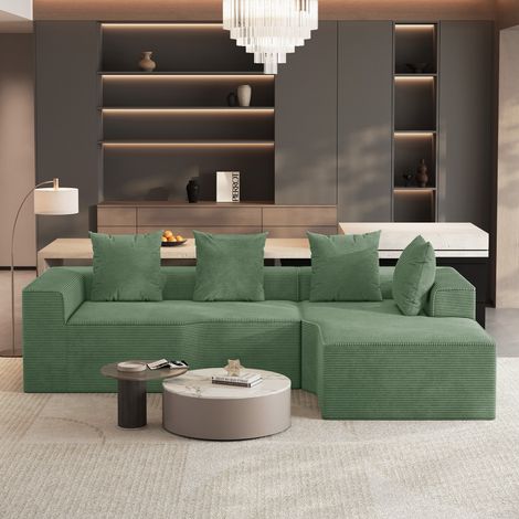Divano angolare compresso a 3 posti,in tessuto velluto a coste,imbottitura in schiuma ad alta densità,non richiede montaggio,per soggiorno,270x152x59cm,verde (1/5)