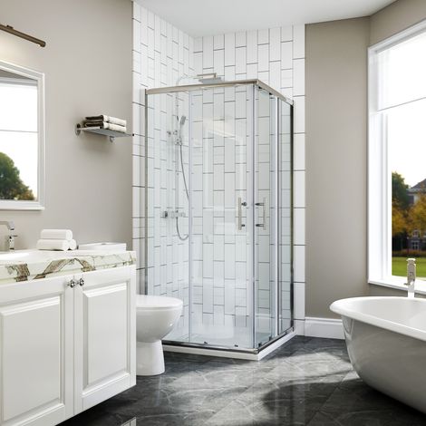 SIRHONA Cabine de douche Entrée d'angle Portes coulissantes carrées réglables de 20mm Installation réversible Verre trempé 100x100x185cm (1/5)