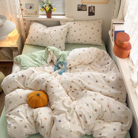 Ensemble Literie 4 Pièces Coton Lavé Ultra Doux - Qualité Maternité Classe A - Housse de Couette, Drap-Housse et Drap Plat pour Lit 180x200cm (Couette 180x220cm) - Idéal Dortoir Étudiant - Motif Vigne