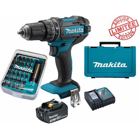 Perceuse visseuse à percussion Makita 18V 62Nm DHP482 + 1 batt 3 Ah + 30 embouts de vissage + porte-embout magnétique (1/3)