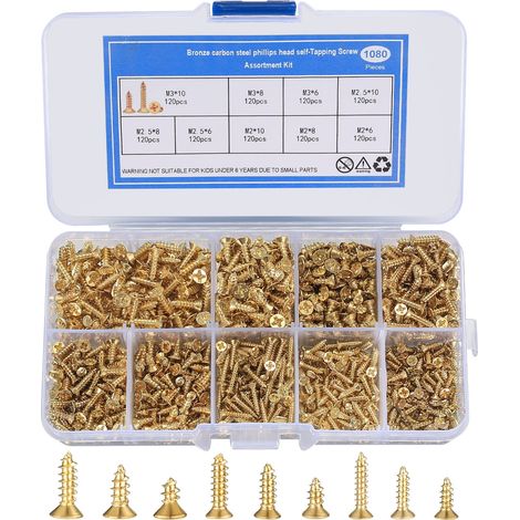 1080 Pièces Petites Vis Autotaraudeuses, Vis à Bois M2/M2.5/M3, Vis Cruciformes à Tête Plate 6mm/8mm/10mm, Ensemble de Vis Autoperceuses pour équipement de Bureau, Meubles en Bois (Or) (1/5)