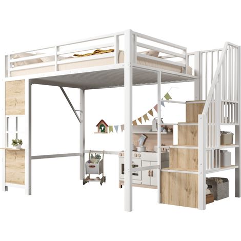 Lit mezzanine 140x200 cm en métal et MDF, espace de jeu ouvert dessous, échelle de rangement, étagère latérale, blanc, pour chambre d'enfant avec sécurité renforcée - CHICFURN (1/5)