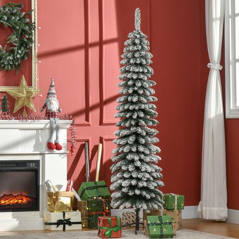 Sapin de Noël artificiel enneigé, design élancé, ignifugé, 180 cm, vert et blanc