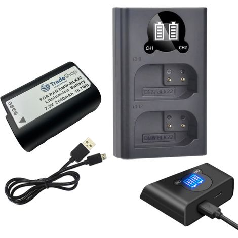 2in1 Set: Akku + Micro-USB Typ-C Doppel Akku Dual LCD Schnell-Ladegerät für 2 Akkus kompatibel mit Panasonic DMW-BLK22 BLK22E BLK22GK DMW-BTC15E (1/4)
