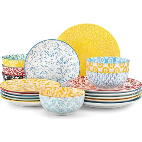 Service de Table pour 6 Personnes -18 Pièces - Vaisselle en Porcelaine Pastel - 6 Assiette Plate, 6 Assiette à Dessert et 6 Bols à Céréales - Adapté au Micro-Ondes (1/5)