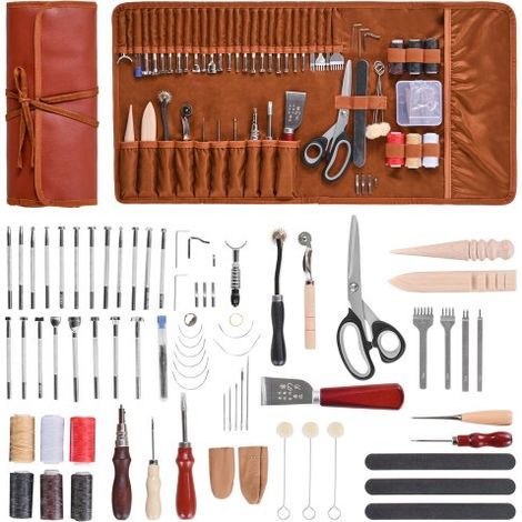 72 Piezas Kit de Herramientas para Trabajar el Cuero con Bolsa de Cuero Portátil, Herramientas de Corte para Estampación, Costura y Grabado, para Principiantes, Entusiastas del Bricolaje (1/5)