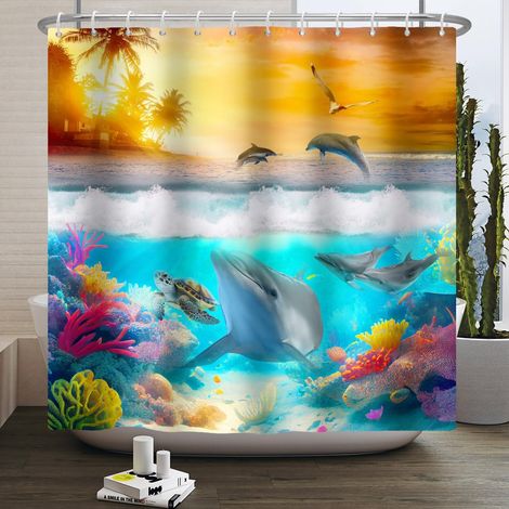 152x183cm Océan Rideau de Douche Requin Tortue de mer Baleine Mouette crépuscule Palmier Soleil dans l'océan Baignoire Rideau de Douche Salle de Bains Tissu décoratif avec Crochet (1/5)