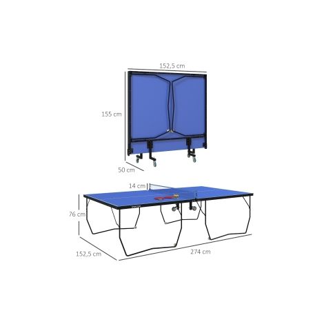 Table de ping-pong pliante bleue en acier avec filet, roulettes, 2 raquettes et 3 balles pour jardin, terrasse et salle de jeux