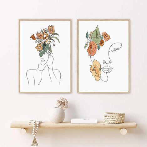 Cuadro minimalista de una mujer, dibujo lineal, arte de pared, póster abstracto del cuerpo de una mujer, lámina, fotografía, decoración de salón - (50x70cm) x2 sin marco (1/4)