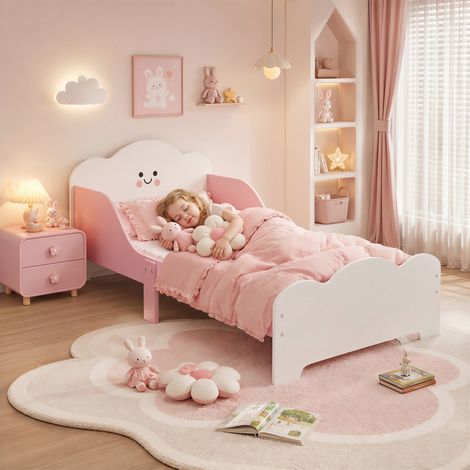 Lit enfant 140x70 cm, cadre de lit avec barrières de sécurité hautes pour enfants 3-6 ans, sans matelas, rose (1/5)