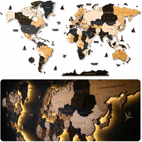 Carte du monde en bois avec effet LED 3D, 181 x 100 cm, détaillée + coffret cadeau (1/5)