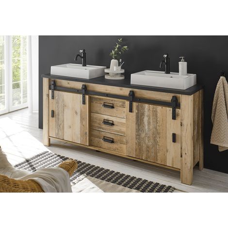 Badezimmer Doppelwaschtisch inkl. Unterschrank SHELTON-61 in Old Style hell Nb. mit anthrazit, B/H/T: ca. 164/91/43 cm (1/5)