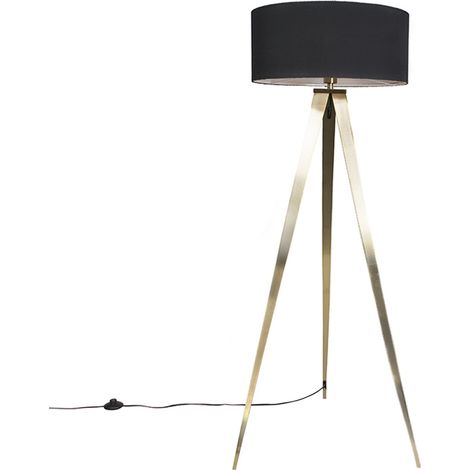 QAZQA Modern Floor Lamp Brass with Black Lampshade - Ilse