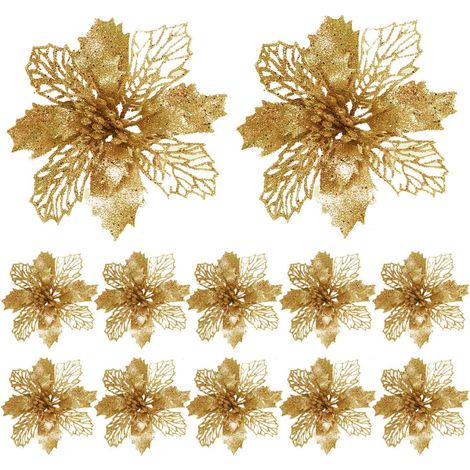 BRAVIX 12 Pièces Glitter Fleurs de Poinsettia de Noël d’Ornement, Noël Glitter Décoration Sapin Ornement pour La Fête de Mariage (Or)